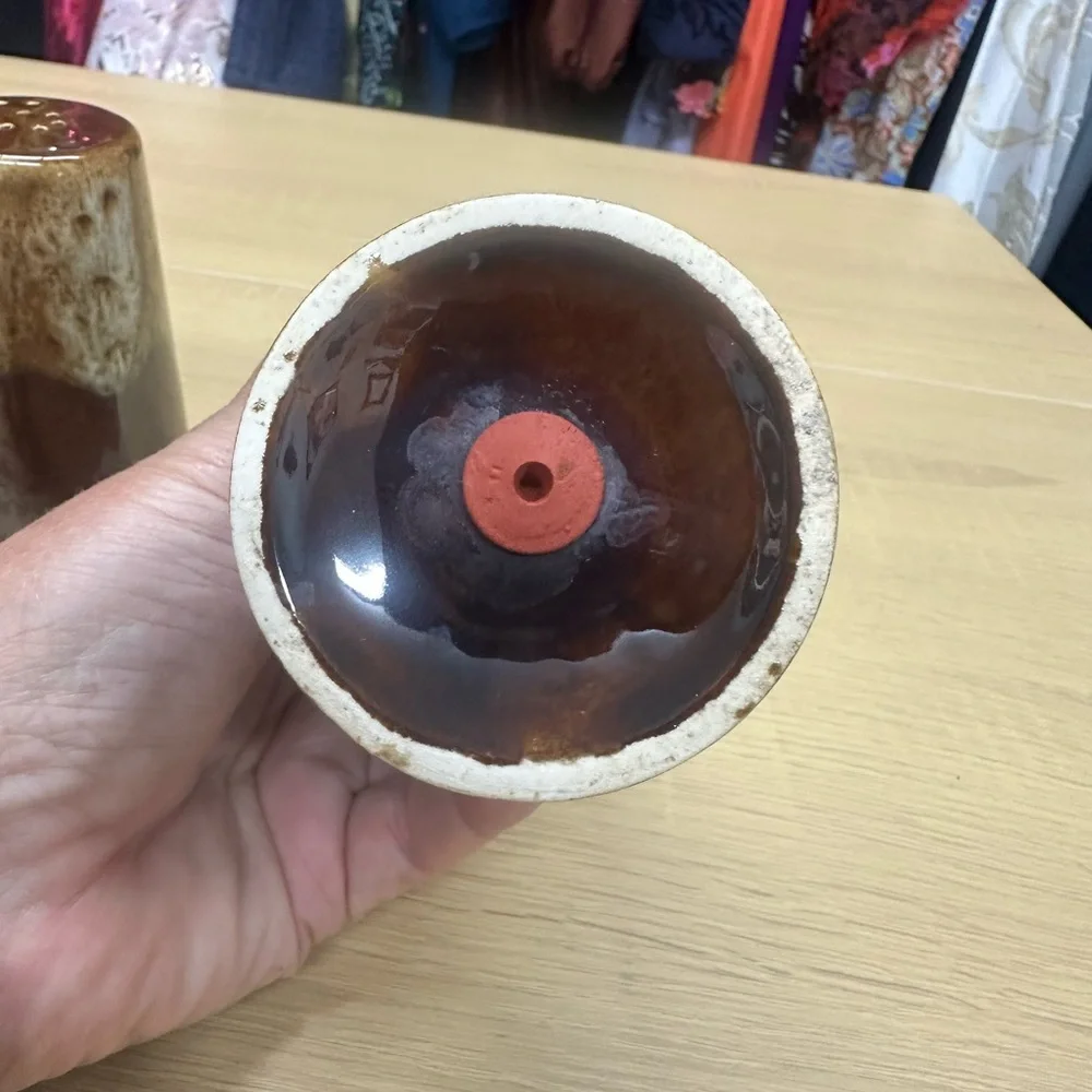 Vintage MCM Salt and Pepper Shakers Brown Drip Glaze USA Pottery
